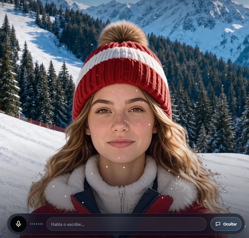 Avatar 3D de Astún: una esquiadora con gorro que habla con los clientes