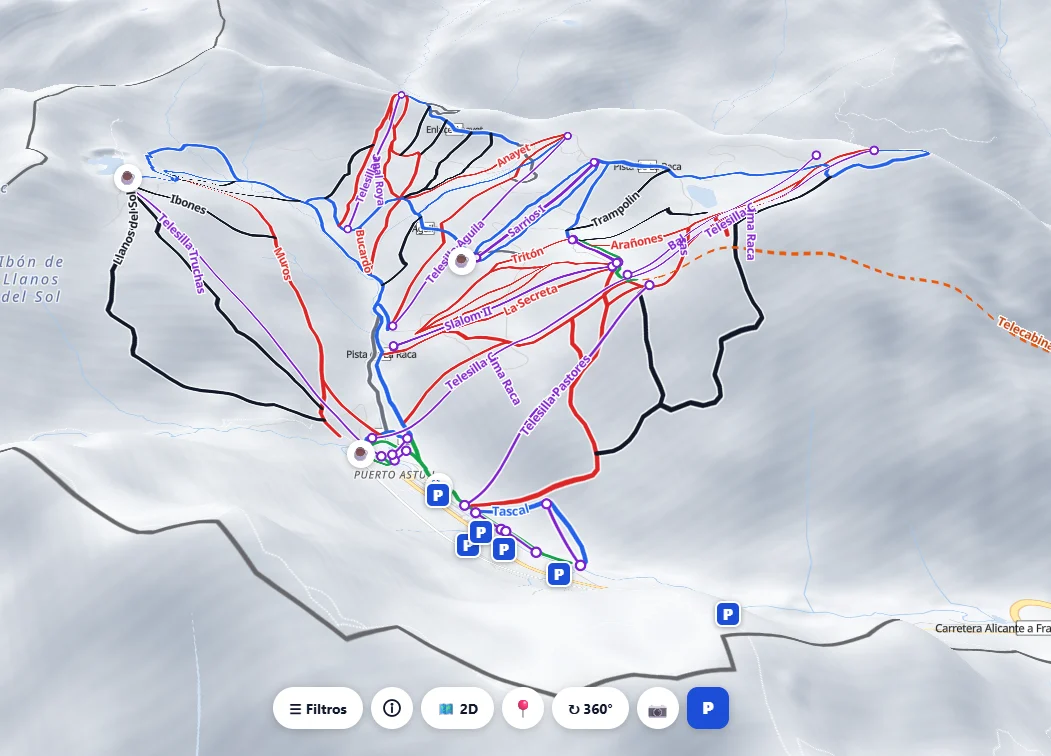 Mapa 3D de Astún con todas las pistas, telesillas, cafeterías y aparcamientos