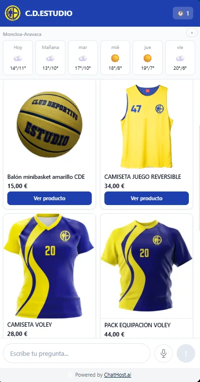 Tienda dentro del chat de C.D. Estudio con productos, foto y precio