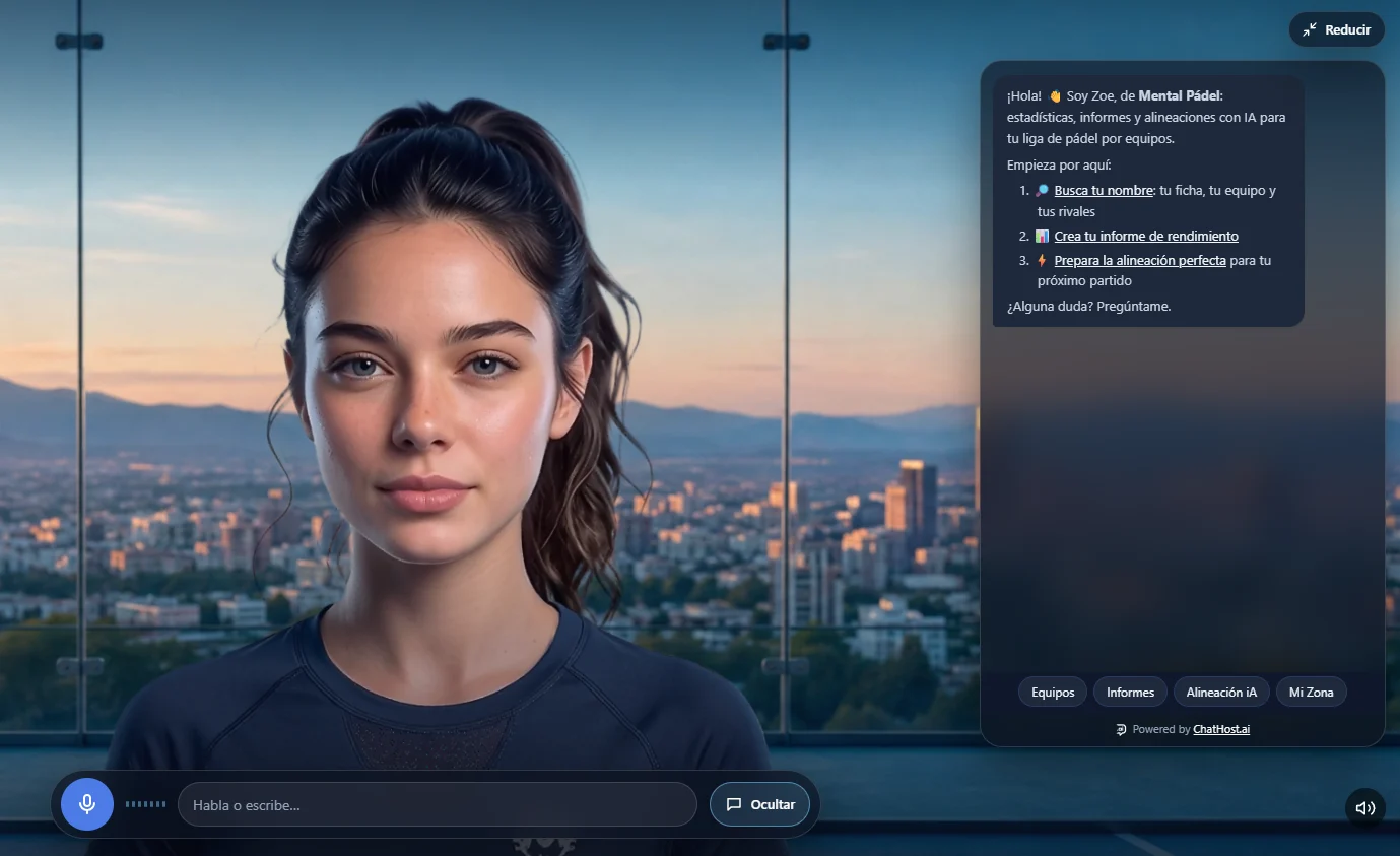 Zoe, la coach con avatar 3D de Mental Pádel, a pantalla completa con su chat