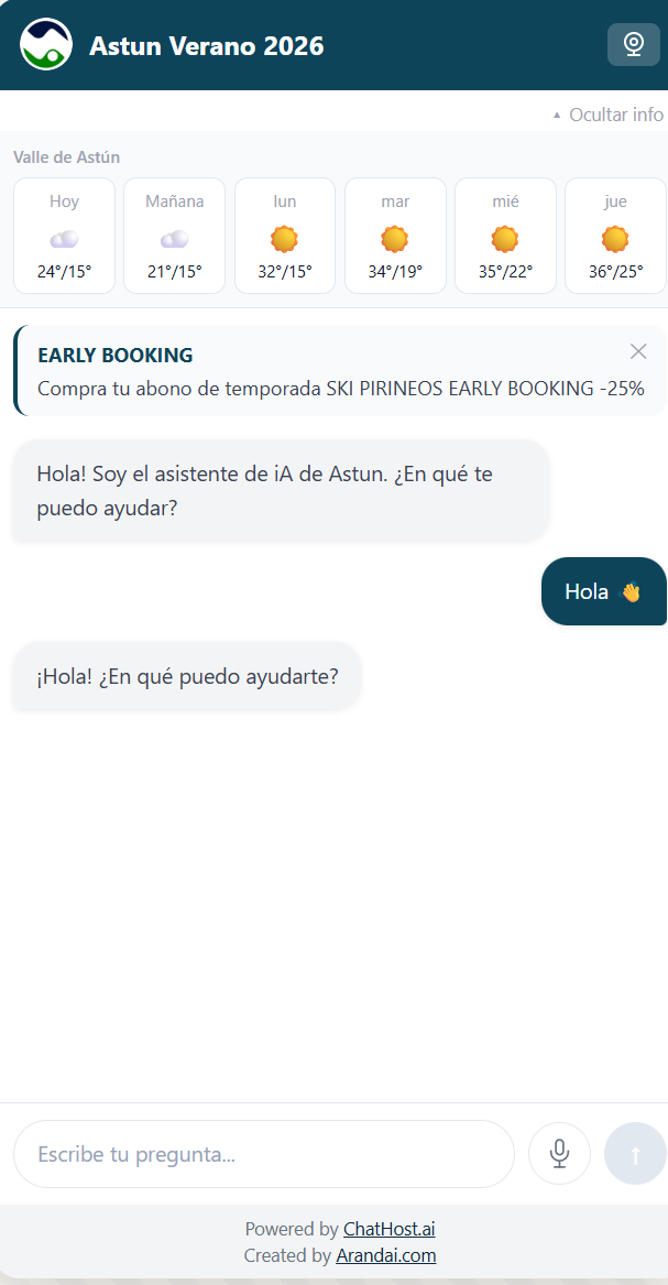 Widget de ChatHost en la web de Astún: previsión del tiempo a 6 días, aviso de Early Booking y conversación con el asistente